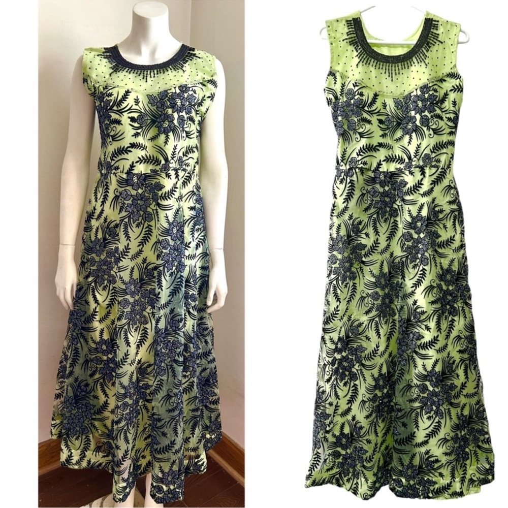 Vintage 60s Chiffon Crinoline Lined Beaded Floral Overlay Maxi Dress Mint Green